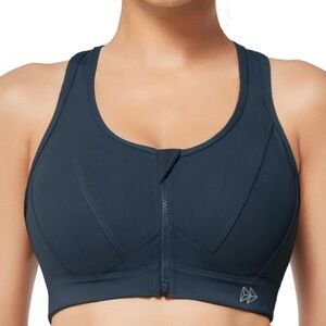 Yvette Zip Front Sports Bra Women L+ High Impact Racerback Wireless Navy